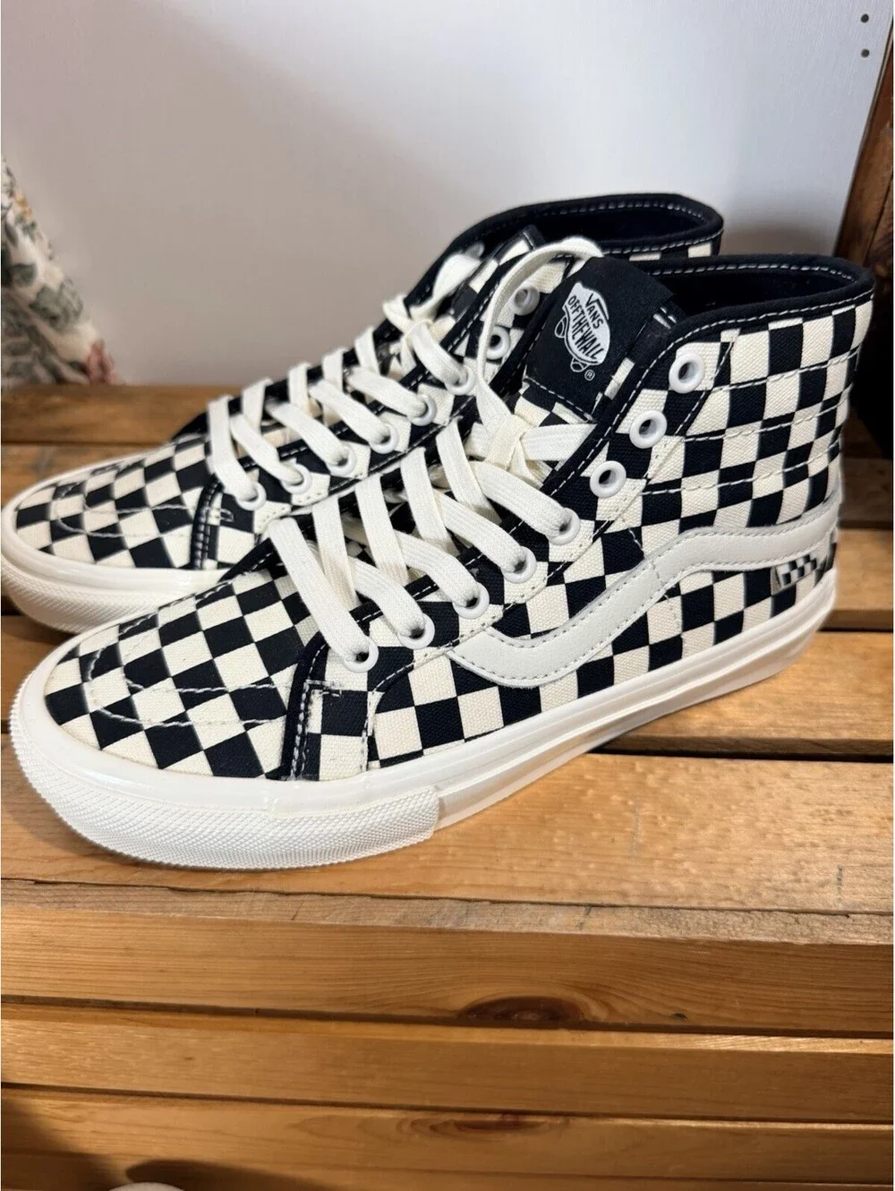 VANS Sk8-Hi High Top Sneakers Black/White Checkerboard Lace Up Canvas